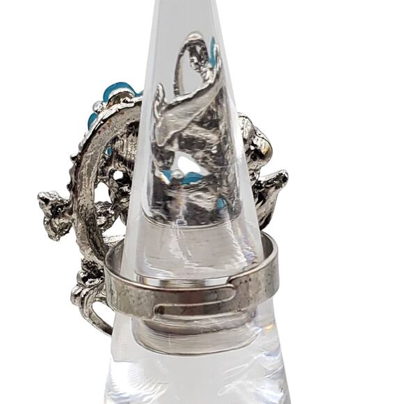 Flower Basket Ring Silver Tone Blue Turquoise Teal Rhinestones Adjustable Chunky - Picture 8 of 8